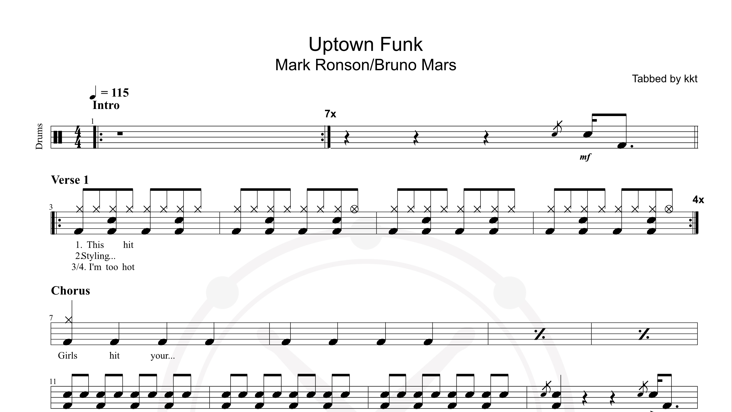 Bruno Mars – Uptown Funk鼓谱