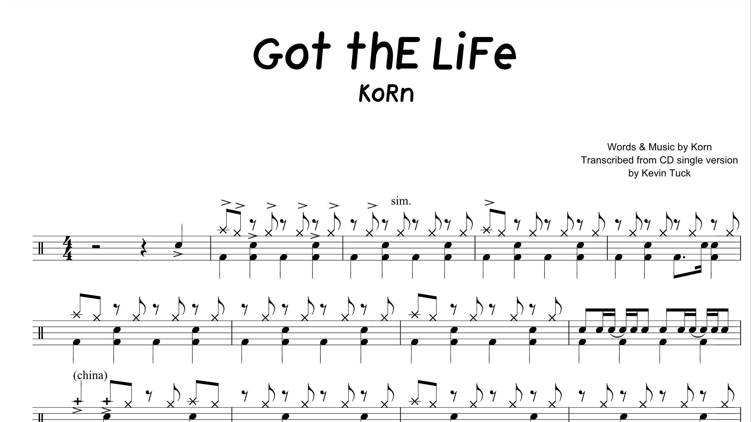 Korn – Got The Life鼓谱