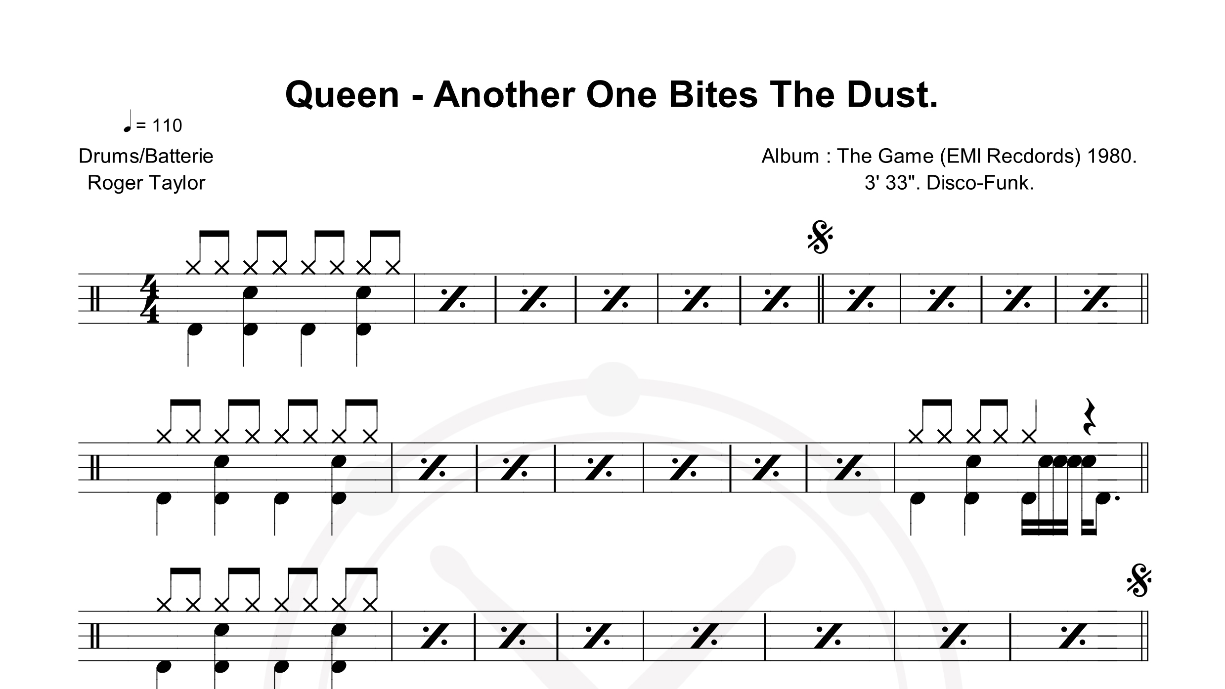 Queen – Another One Bites The Dust鼓谱