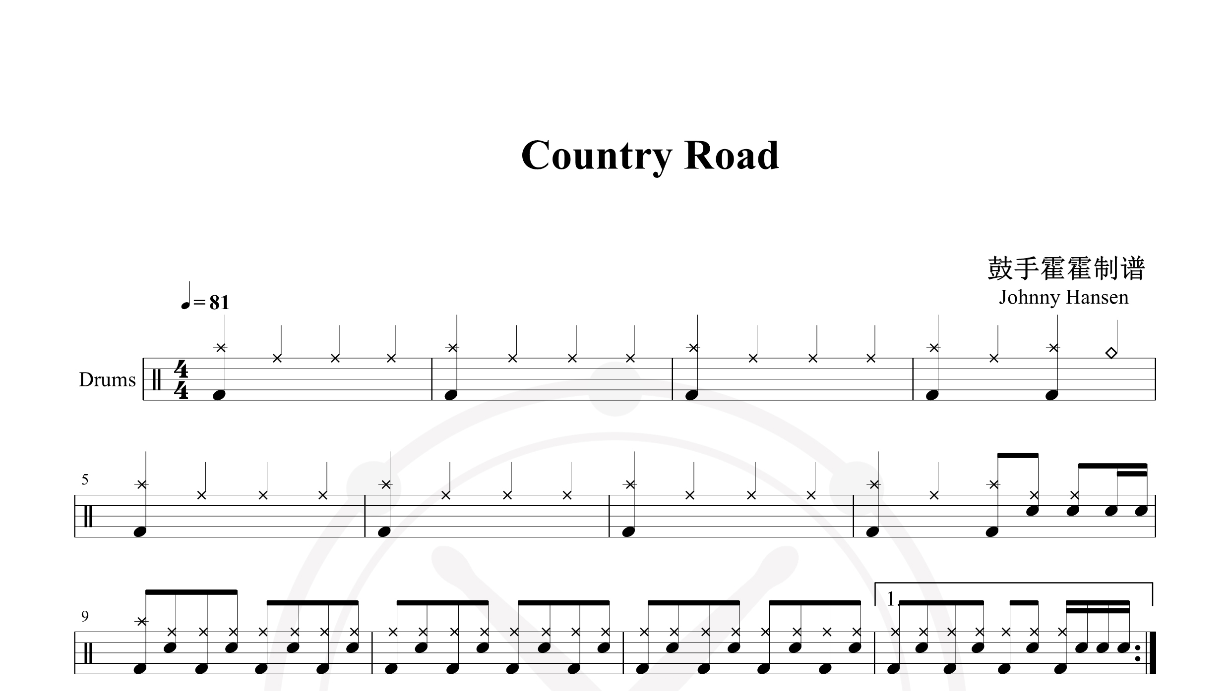 Johnny Hansen – Country Road-鼓谱