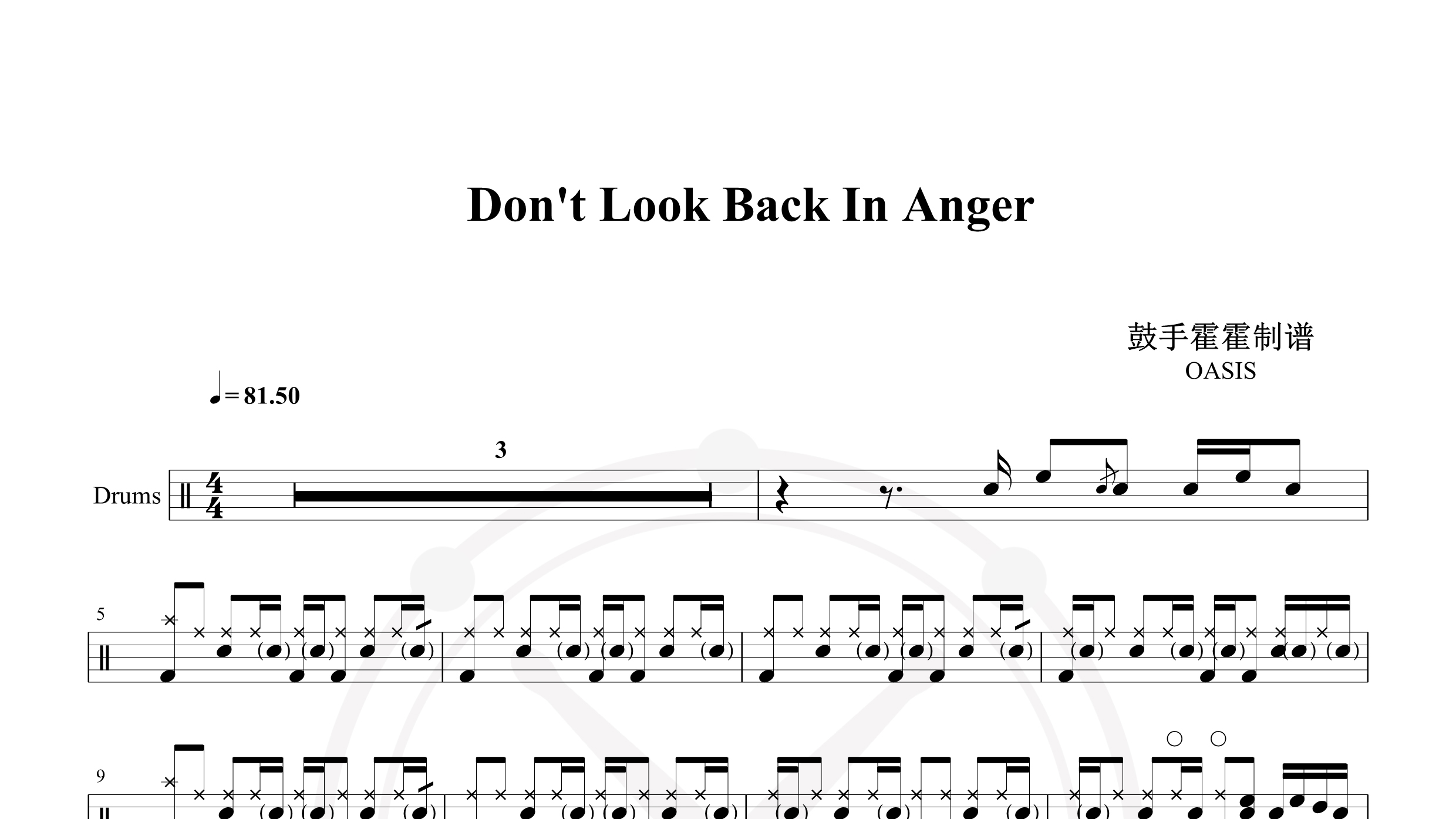 OASIS – Don’t Look Back In Anger-鼓谱