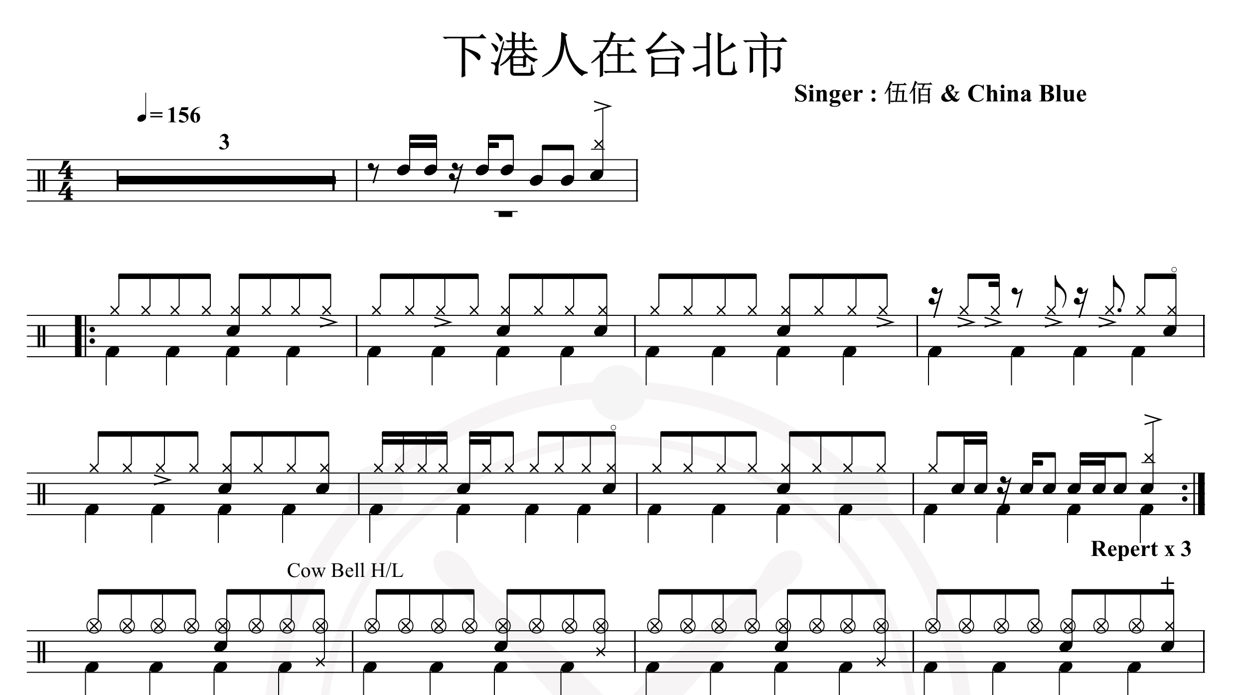 伍佰 & China Blue-下港人在台北市-鼓谱