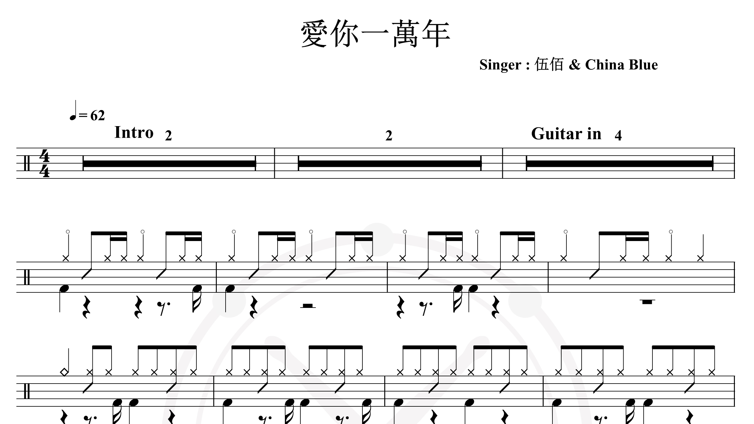 伍佰 & China Blue-爱你一万年-鼓谱