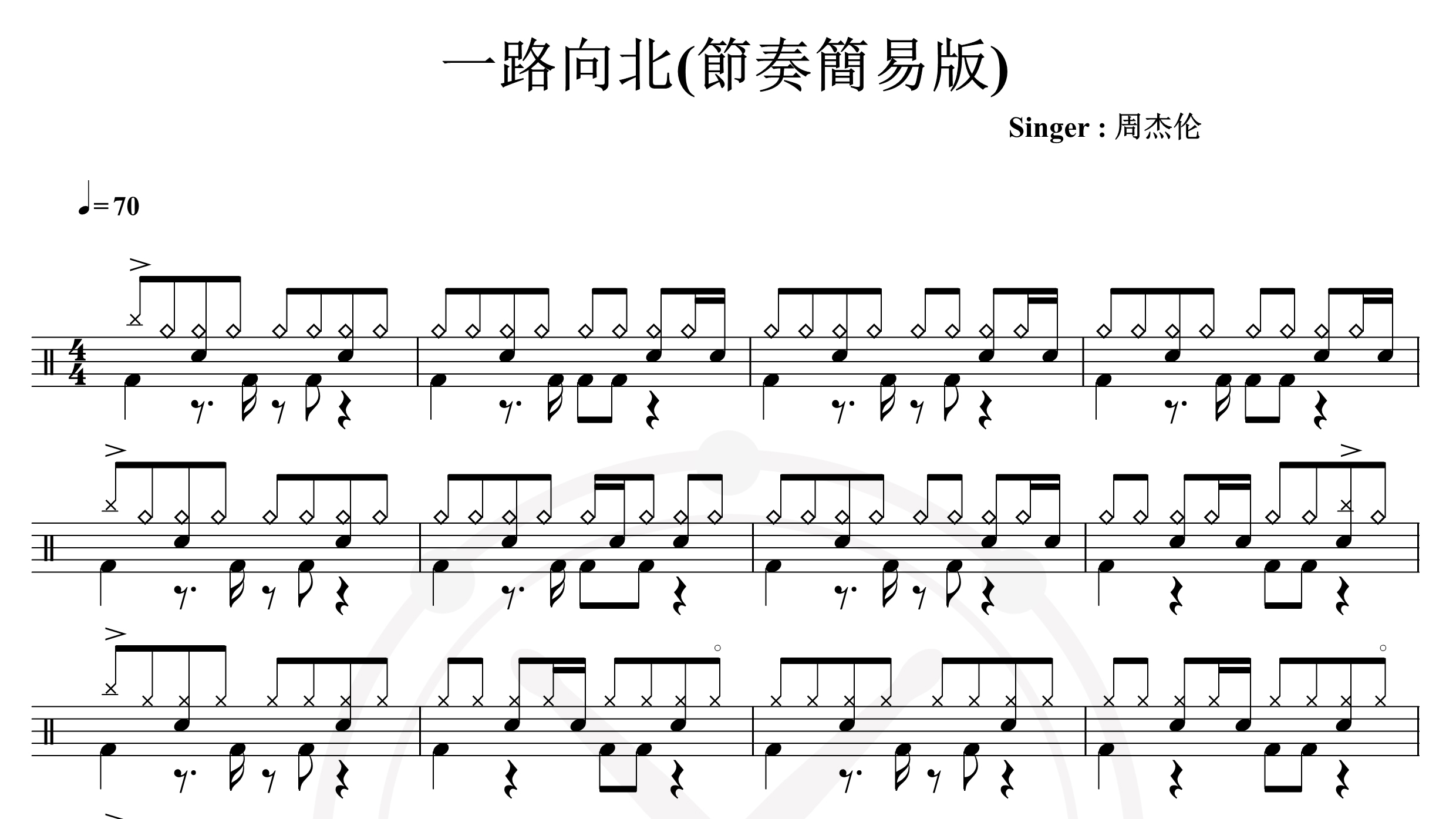周杰伦-一路向北(节奏简易版)-鼓谱