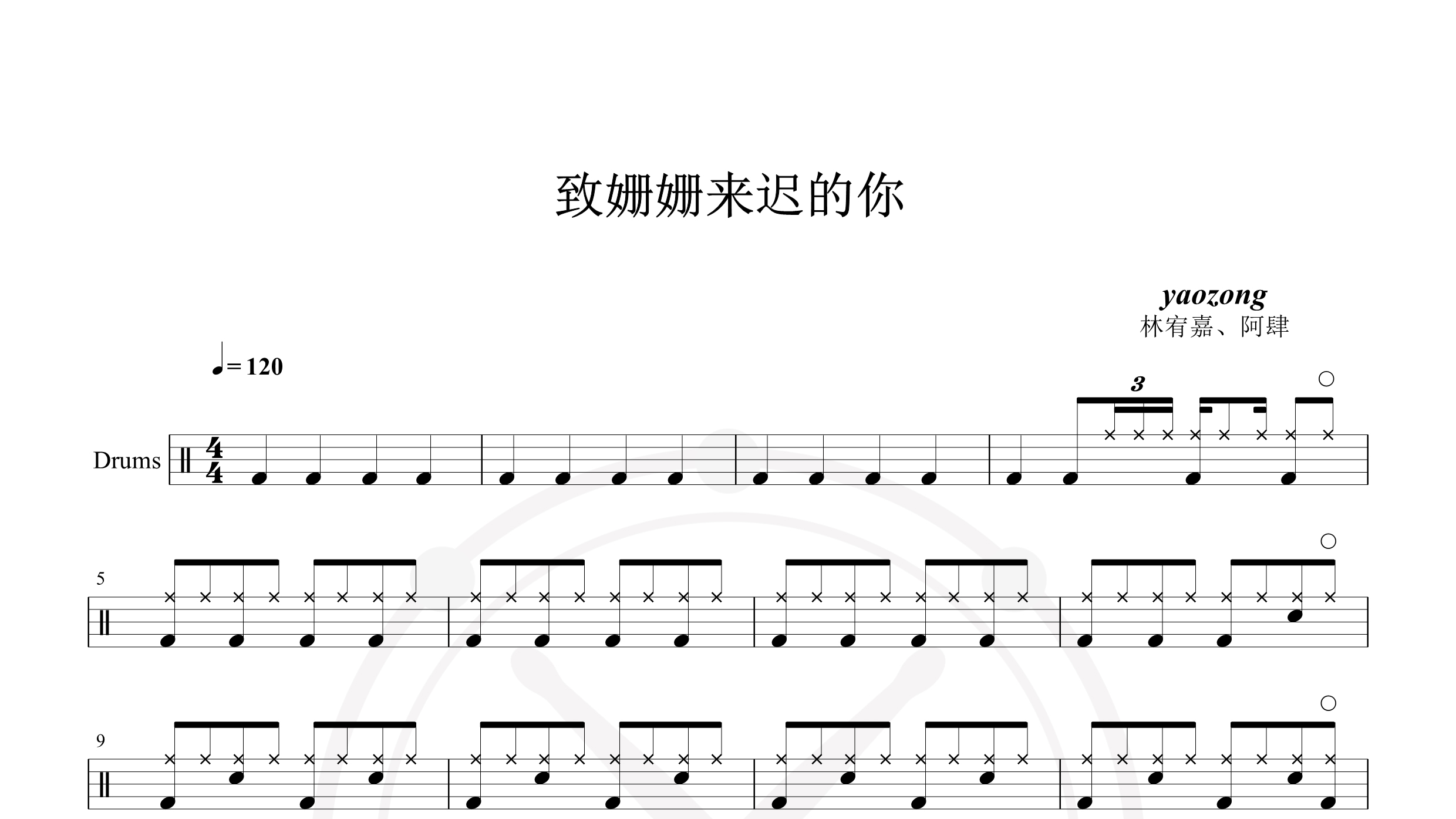 林宥嘉、阿肆 – 致姗姗来迟的你-鼓谱