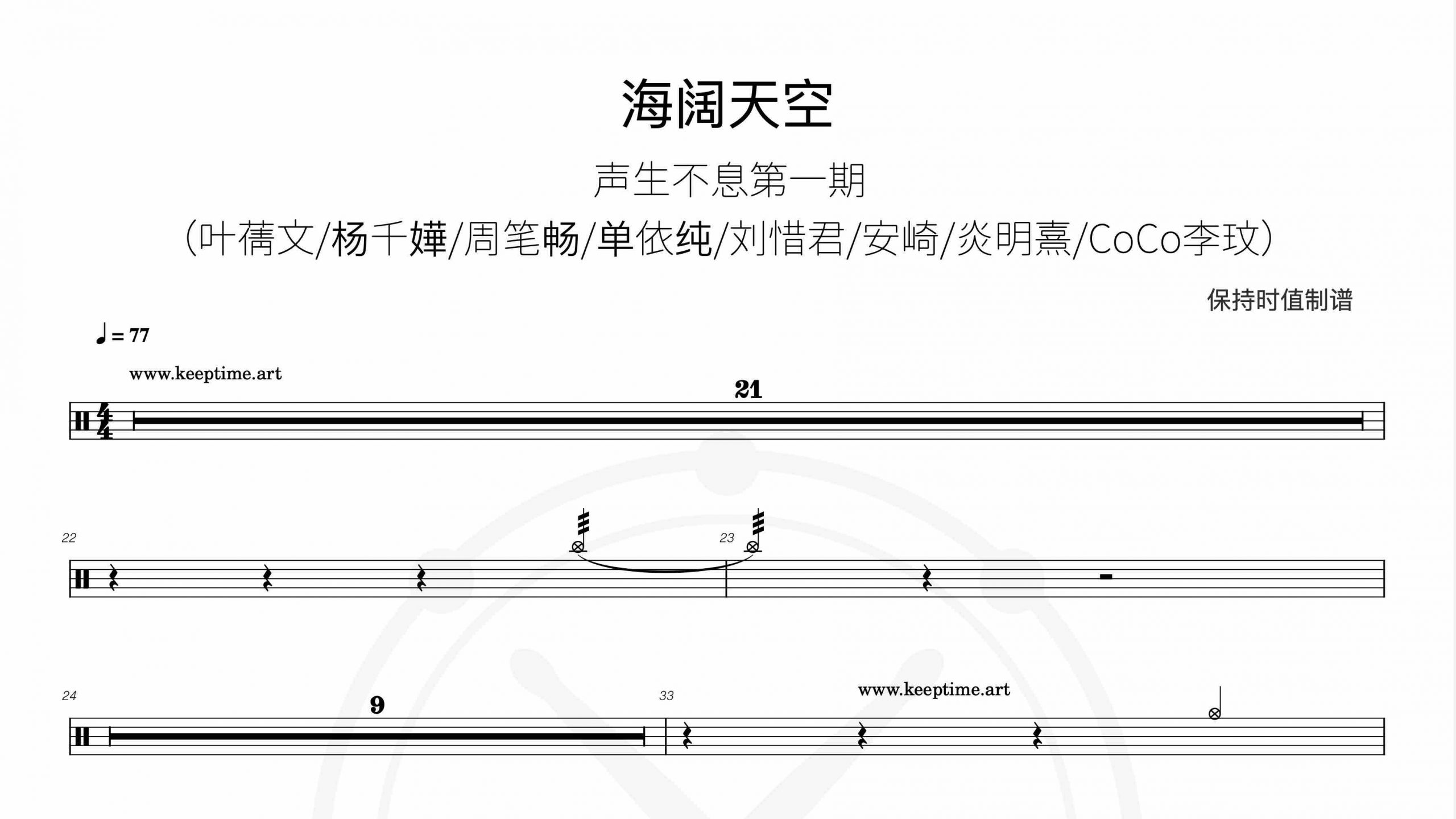 声生不息第1期-叶蒨文 _ 杨千嬅 _ 周笔畅 _ 单依纯 _ 刘惜君 _ 安崎 _ 炎明熹 _ CoCo李玟 – 海阔天空 (Live)-鼓谱